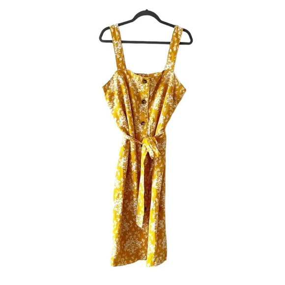 Ann Taylor Mustard Yellow Sleeveless Dress‎ Size 14 Belt Button Front Fall Vibes - Picture 5 of 10